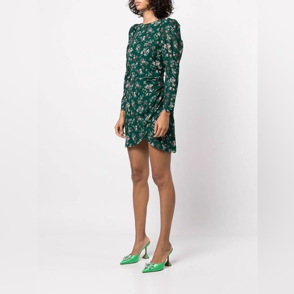 Reformation Juni Green Gathered Floral Print Crepe Mini Dress Size 10 B723 - Picture 2 of 8